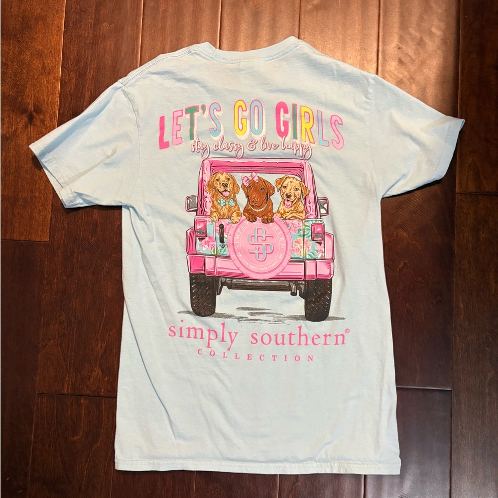 Simply Southern Women’s Light Blue Tee with Pink Jeep Design